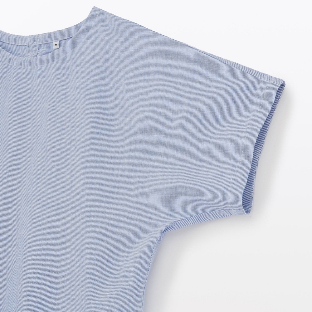 MUJI Women's Hemp Cotton Short Sleeve Blue Striped Blouse cooling fabric - Picture 6 of 6